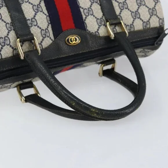 GUCCI GG Supreme Sherry Line Boston Bag PVC Navy Gold Red Auth 150128 - Picture 7 of 16